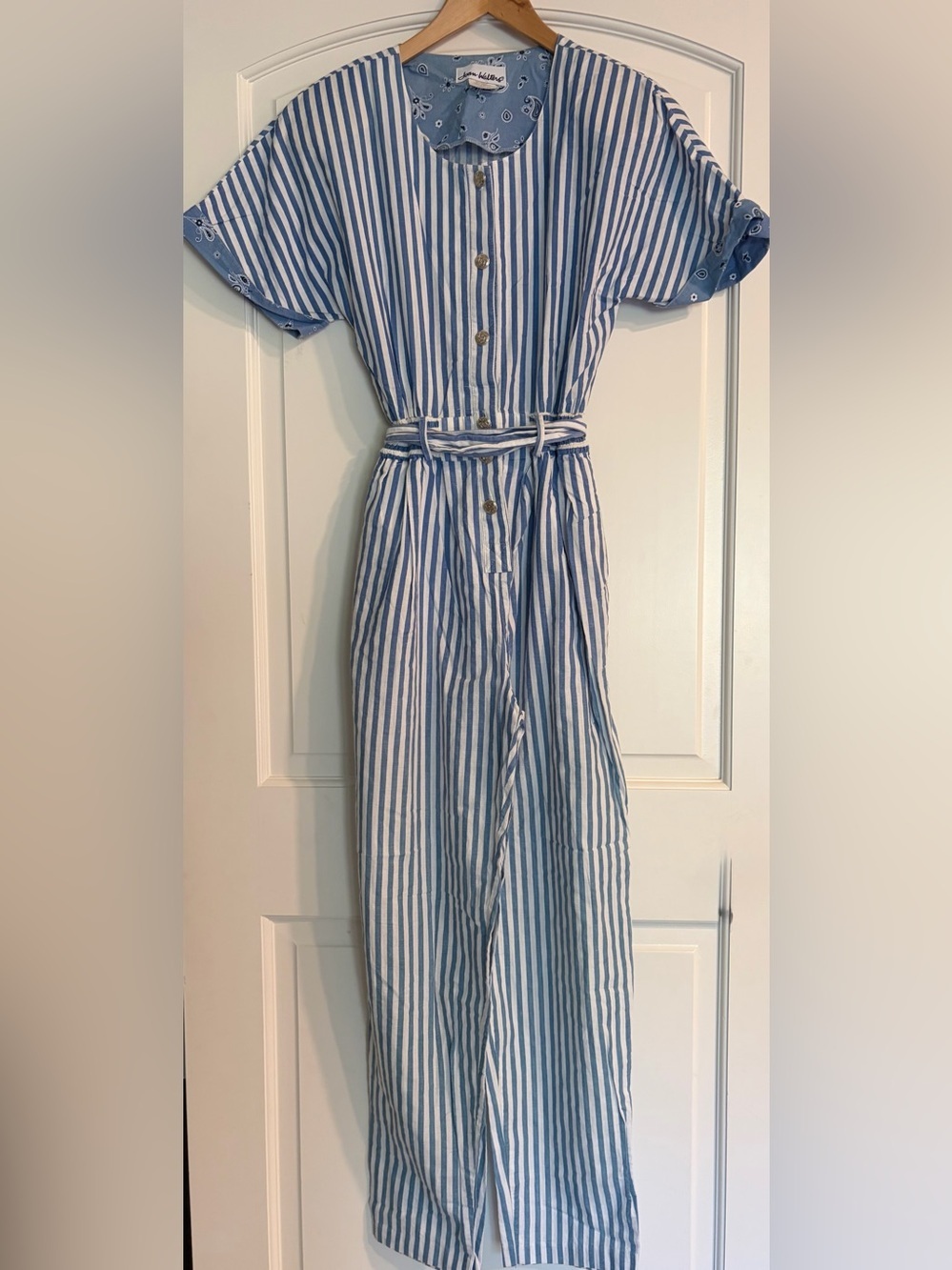 Joan Walters Blue and White Vertical Stripe Vintage Button-Front Belted Jumpsuit